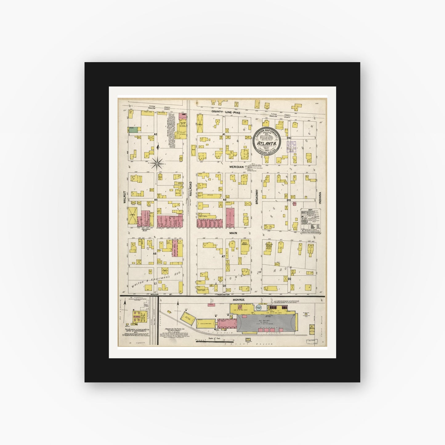Old map wall art mockup — black gallery frame with white mat — Sanborn Fire Insurance Map from Atlanta, Hamilton And Tipton Counties, Indiana (1902), Sheet #0001