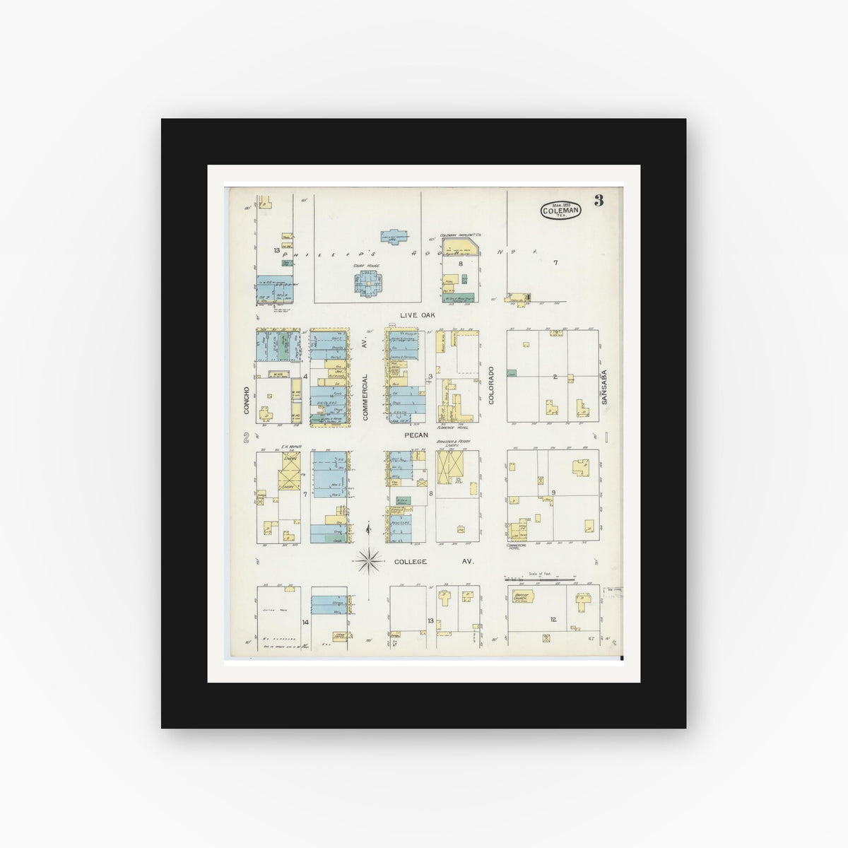 Old map wall art mockup — black gallery frame with white mat — Sanborn Fire Insurance Map from Coleman, Coleman County, Texas (1893), Sheet #0003