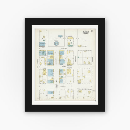 Old map wall art mockup — black gallery frame with white mat — Sanborn Fire Insurance Map from Coleman, Coleman County, Texas (1893), Sheet #0003