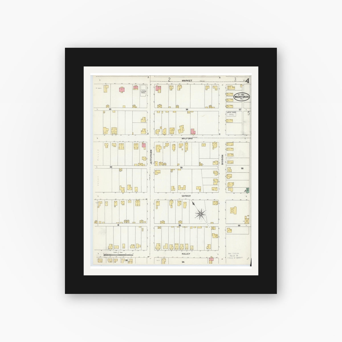 Old map wall art mockup — black gallery frame with white mat — Sanborn Fire Insurance Map from Mount Union, Huntingdon County, Pennsylvania (1904), Sheet #0004