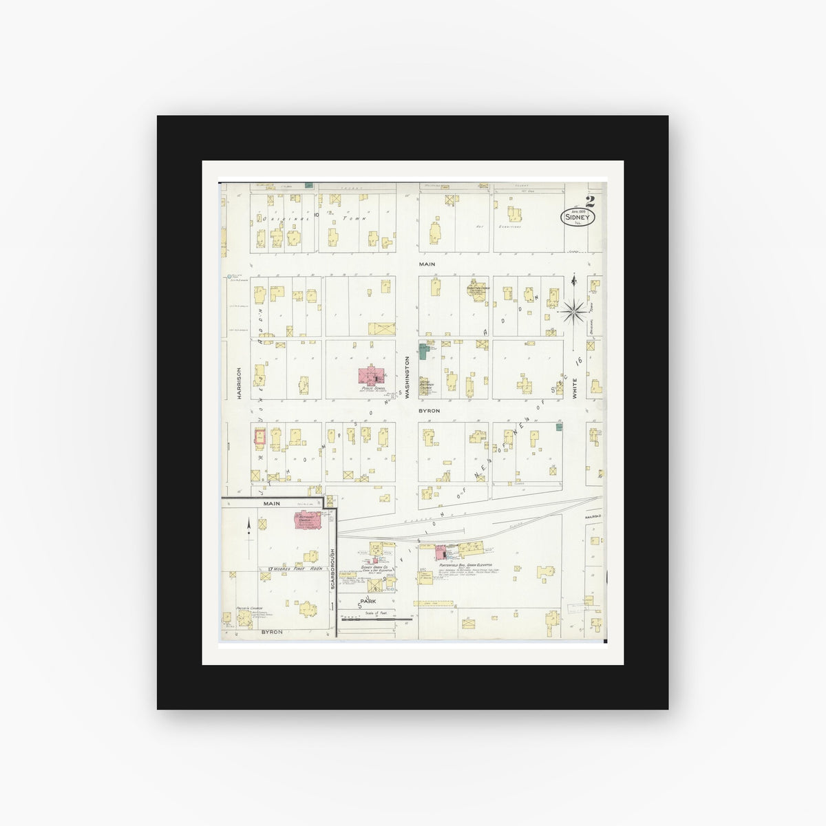 Old map wall art mockup — black gallery frame with white mat — Sanborn Fire Insurance Map from Sidney, Champaign County, Illinois (1909), Sheet #0002