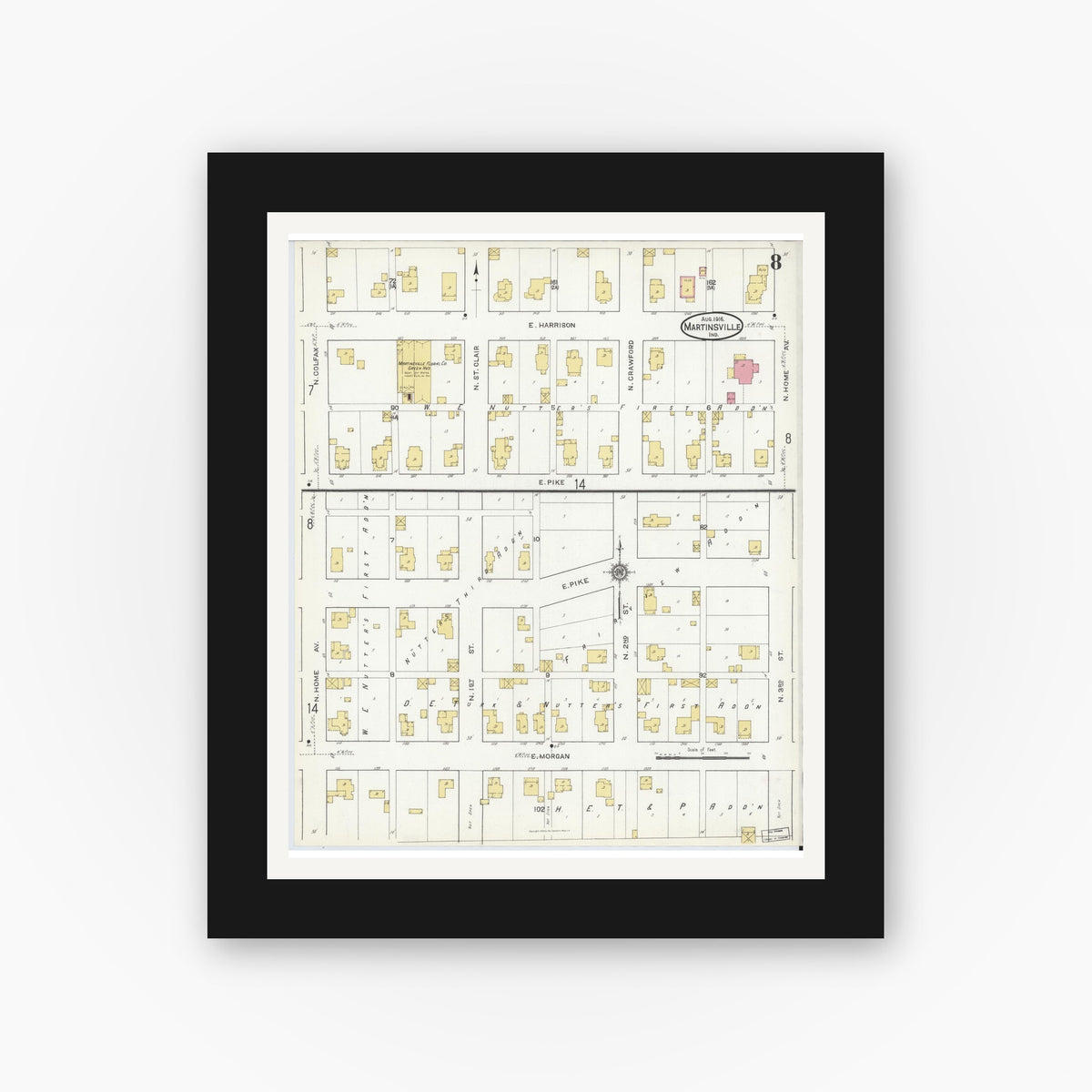 Old map wall art mockup — black gallery frame with white mat — Sanborn Fire Insurance Map from Martinsville, Morgan County, Indiana (1916), Sheet #0008