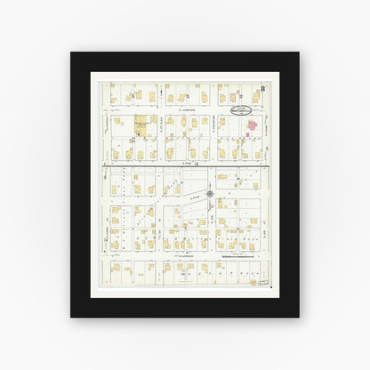 Old map wall art mockup — black gallery frame with white mat — Sanborn Fire Insurance Map from Martinsville, Morgan County, Indiana (1916), Sheet #0008