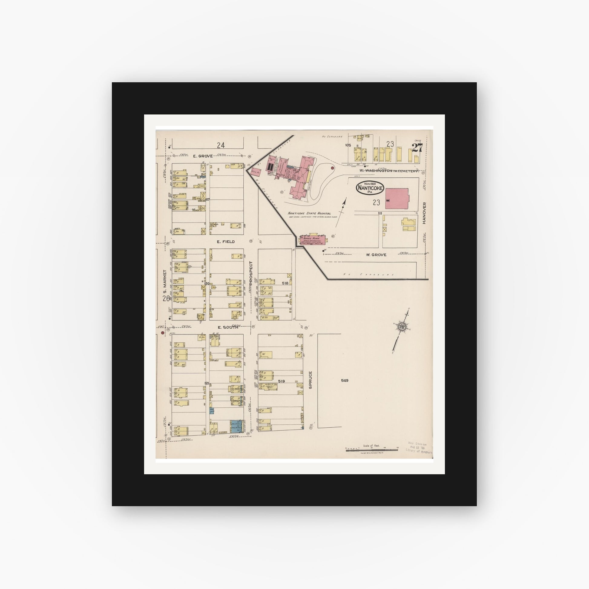 Old map wall art mockup — black gallery frame with white mat — Sanborn Fire Insurance Map from Nanticoke, Luzerne County, Pennsylvania (1920), Sheet #0027