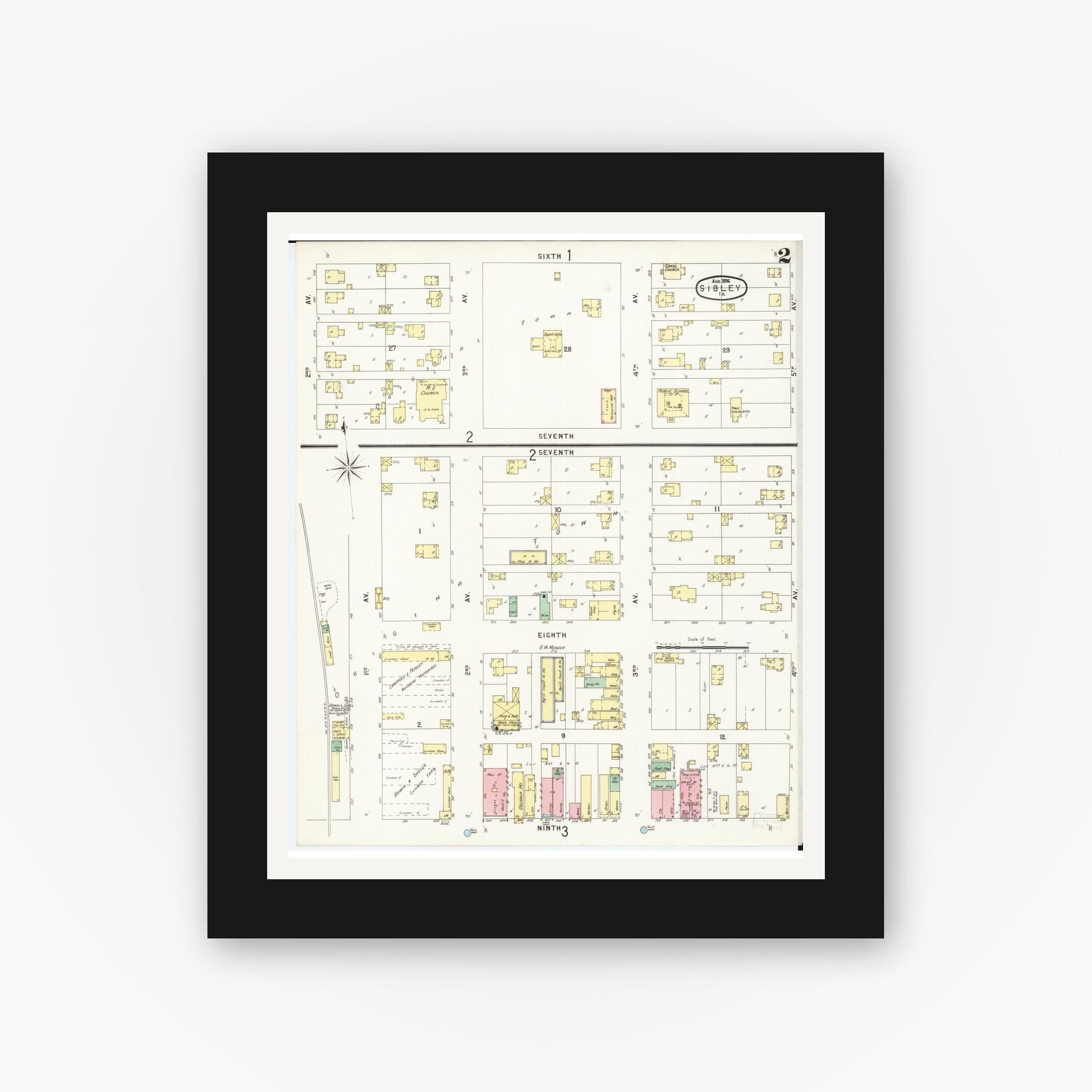 Old map wall art mockup — black gallery frame with white mat — Sanborn Fire Insurance Map from Sibley, Osceola County, Iowa (1896), Sheet #0002