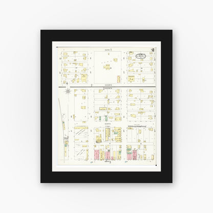 Old map wall art mockup — black gallery frame with white mat — Sanborn Fire Insurance Map from Sibley, Osceola County, Iowa (1896), Sheet #0002
