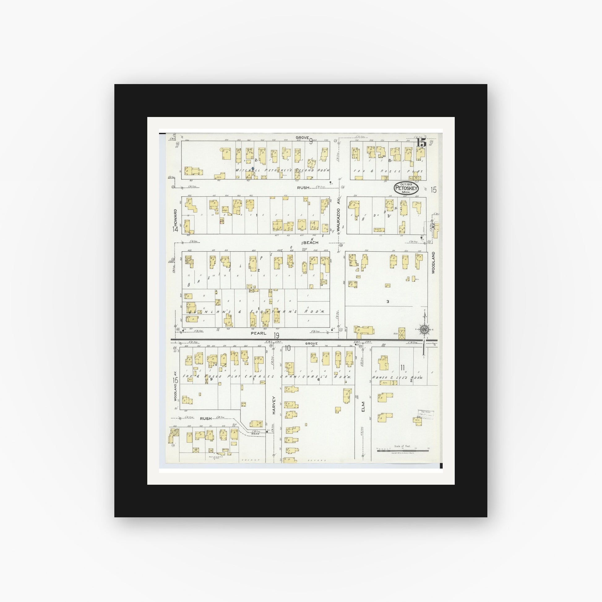 Old map wall art mockup — black gallery frame with white mat — Sanborn Fire Insurance Map from Petoskey, Emmet County, Michigan (1919), Sheet #0015