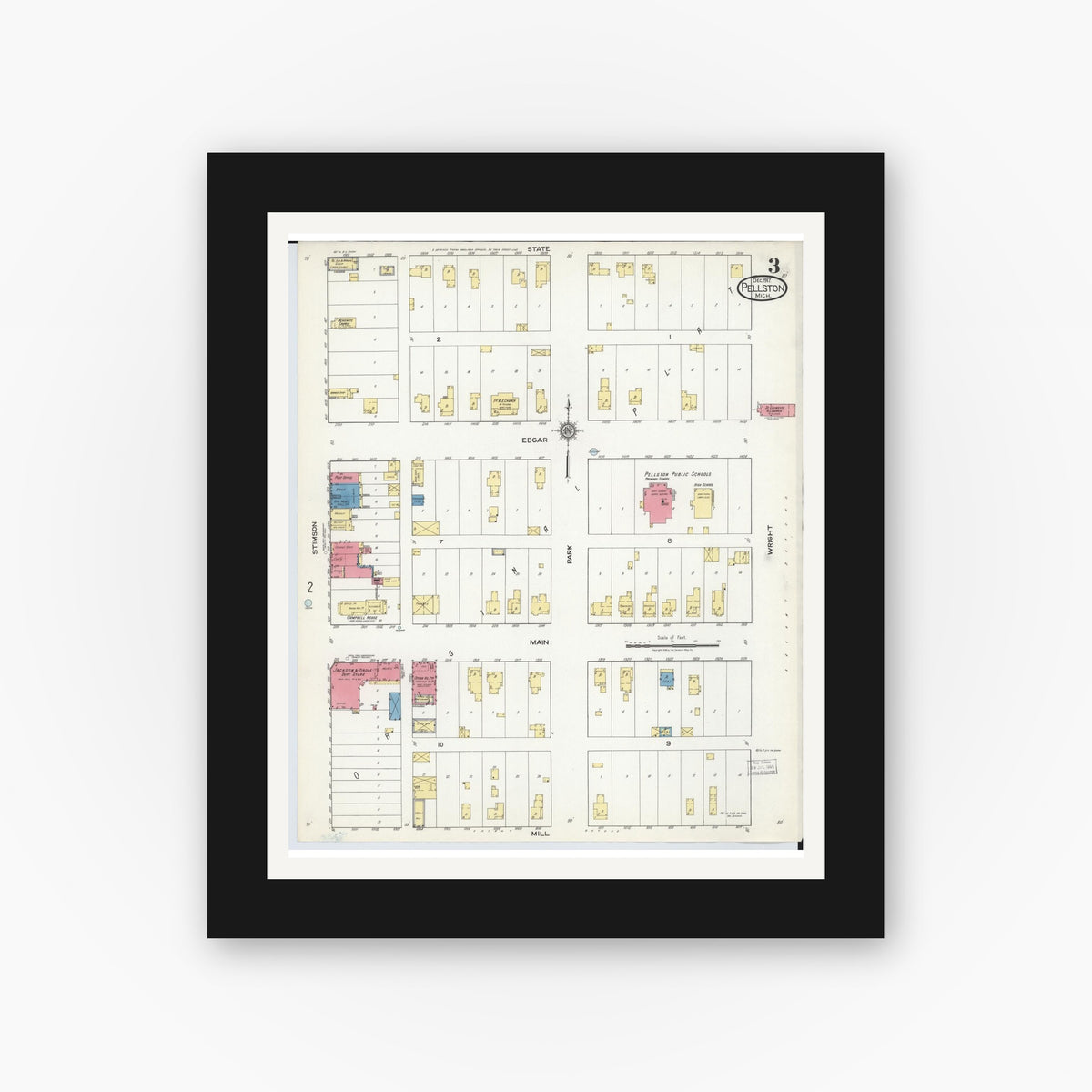 Old map wall art mockup — black gallery frame with white mat — Sanborn Fire Insurance Map from Pellston, Emmet County, Michigan (1917), Sheet #0003