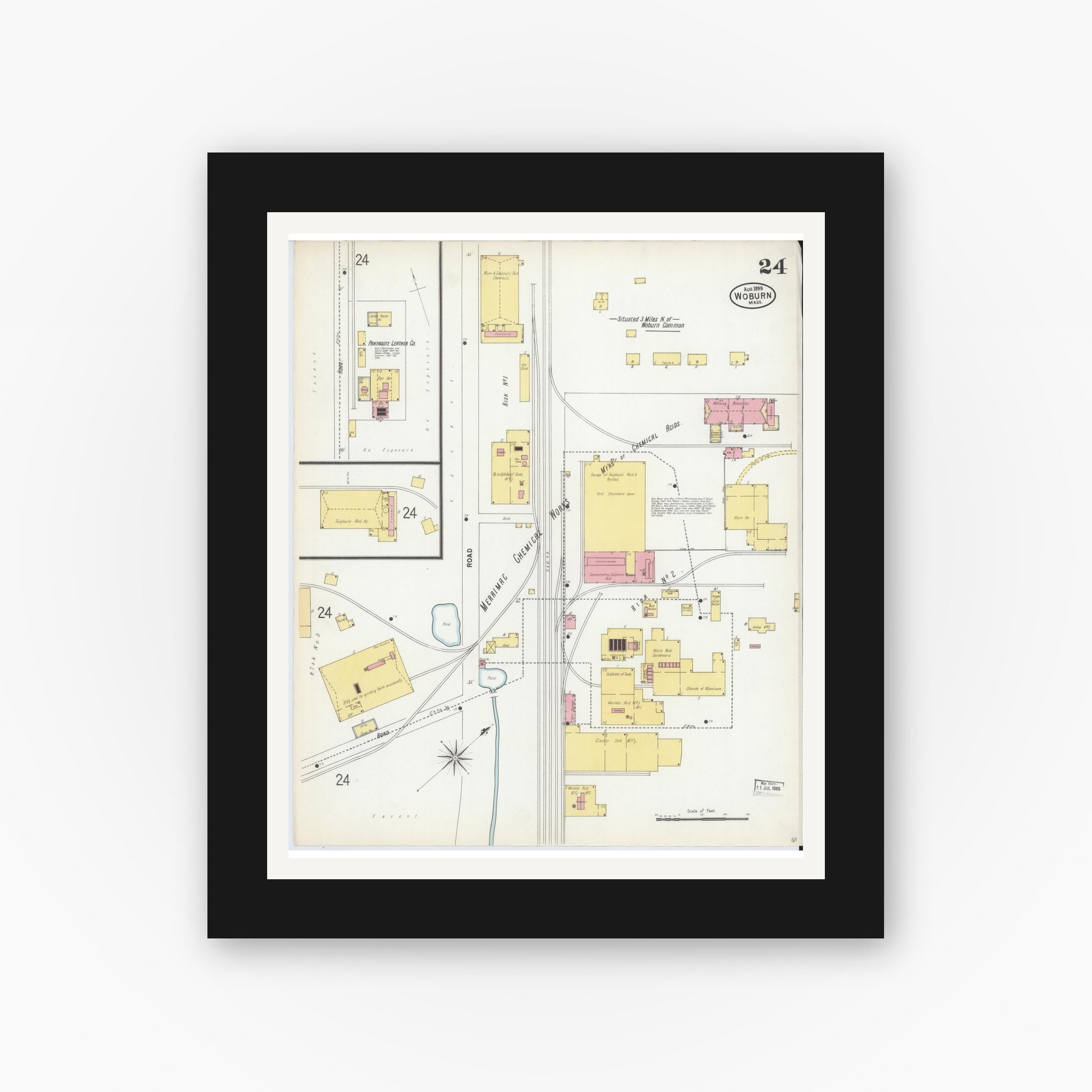 Old map wall art mockup — black gallery frame with white mat — Sanborn Fire Insurance Map from Woburn, Middlesex County, Massachusetts (1899), Sheet #0024