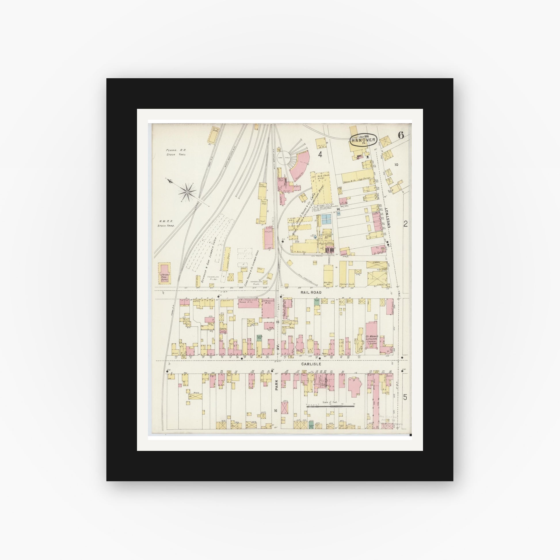 Old map wall art mockup — black gallery frame with white mat — Sanborn Fire Insurance Map from Hanover, York County, Pennsylvania (1896), Sheet #0006