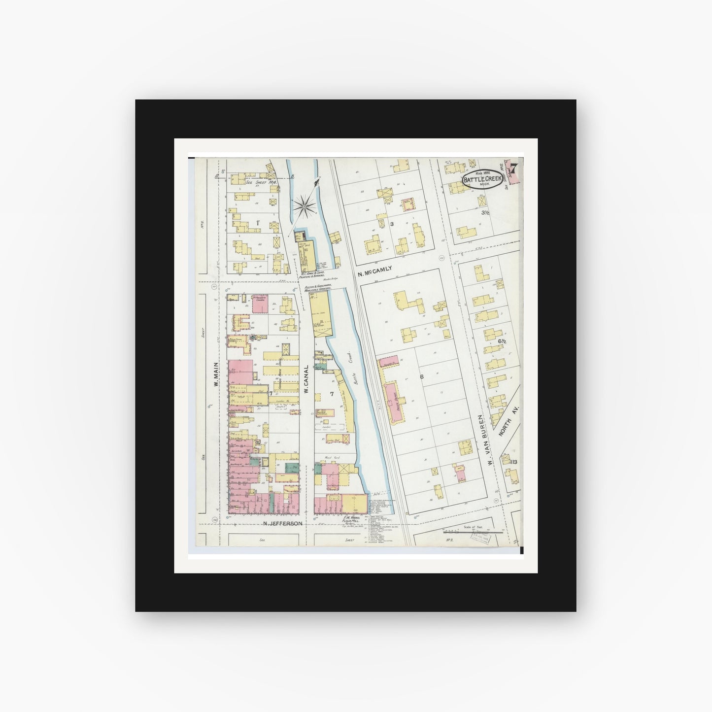 Old map wall art mockup — black gallery frame with white mat — Sanborn Fire Insurance Map from Battle Creek, Calhoun County, Michigan (1892), Sheet #0007