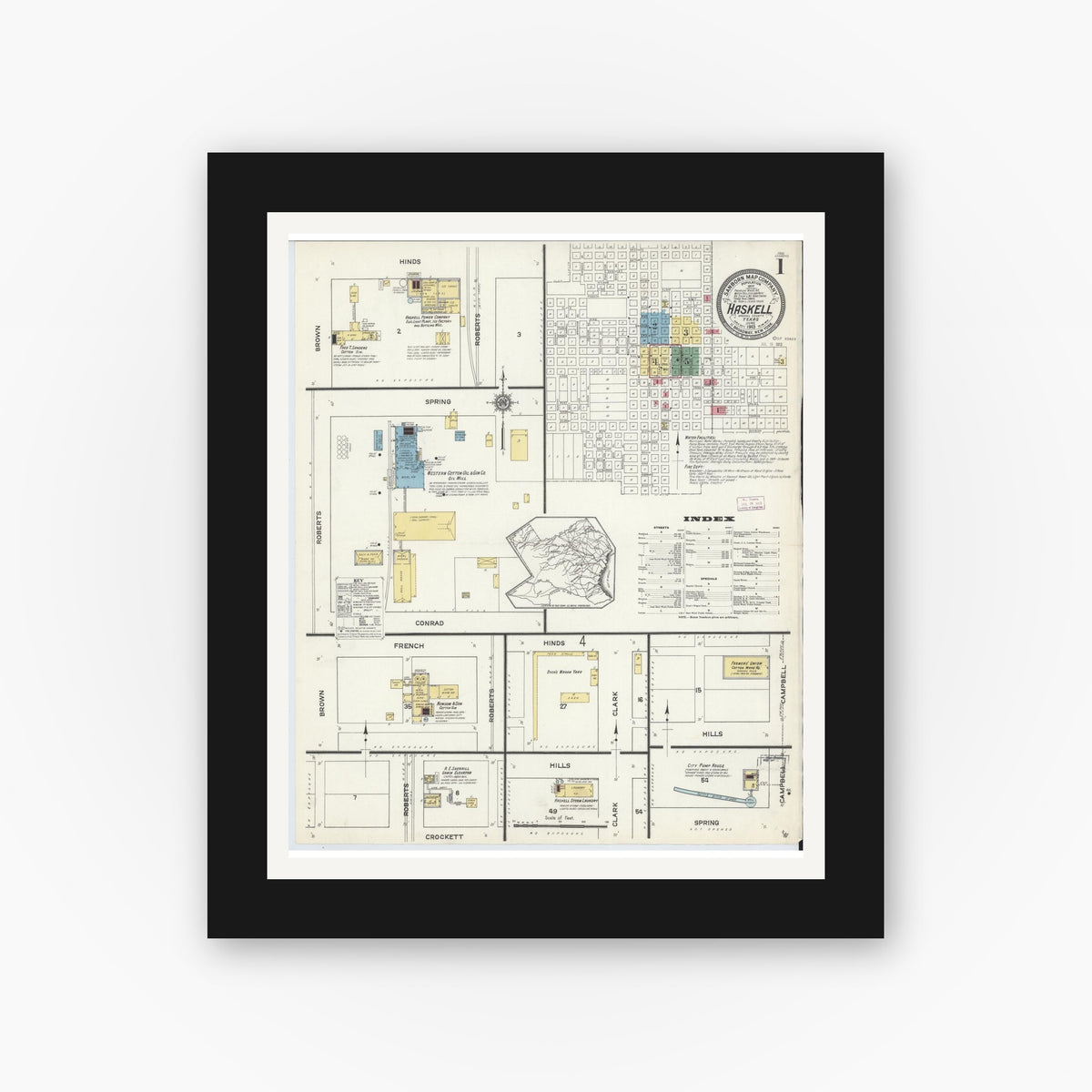 Old map wall art mockup — black gallery frame with white mat — Sanborn Fire Insurance Map from Haskell, Haskell County, Texas (1913), Sheet #0001