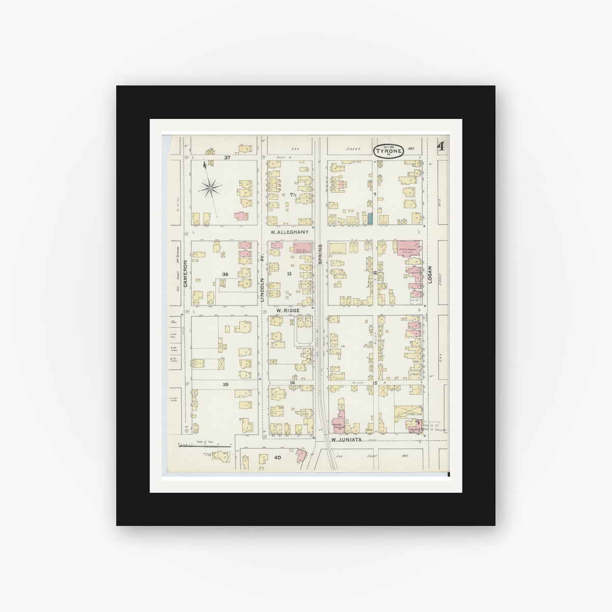 Old map wall art mockup — black gallery frame with white mat — Sanborn Fire Insurance Map from Tyrone, Blair County, Pennsylvania (1891), Sheet #0004