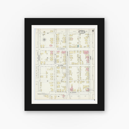 Old map wall art mockup — black gallery frame with white mat — Sanborn Fire Insurance Map from Tyrone, Blair County, Pennsylvania (1891), Sheet #0004