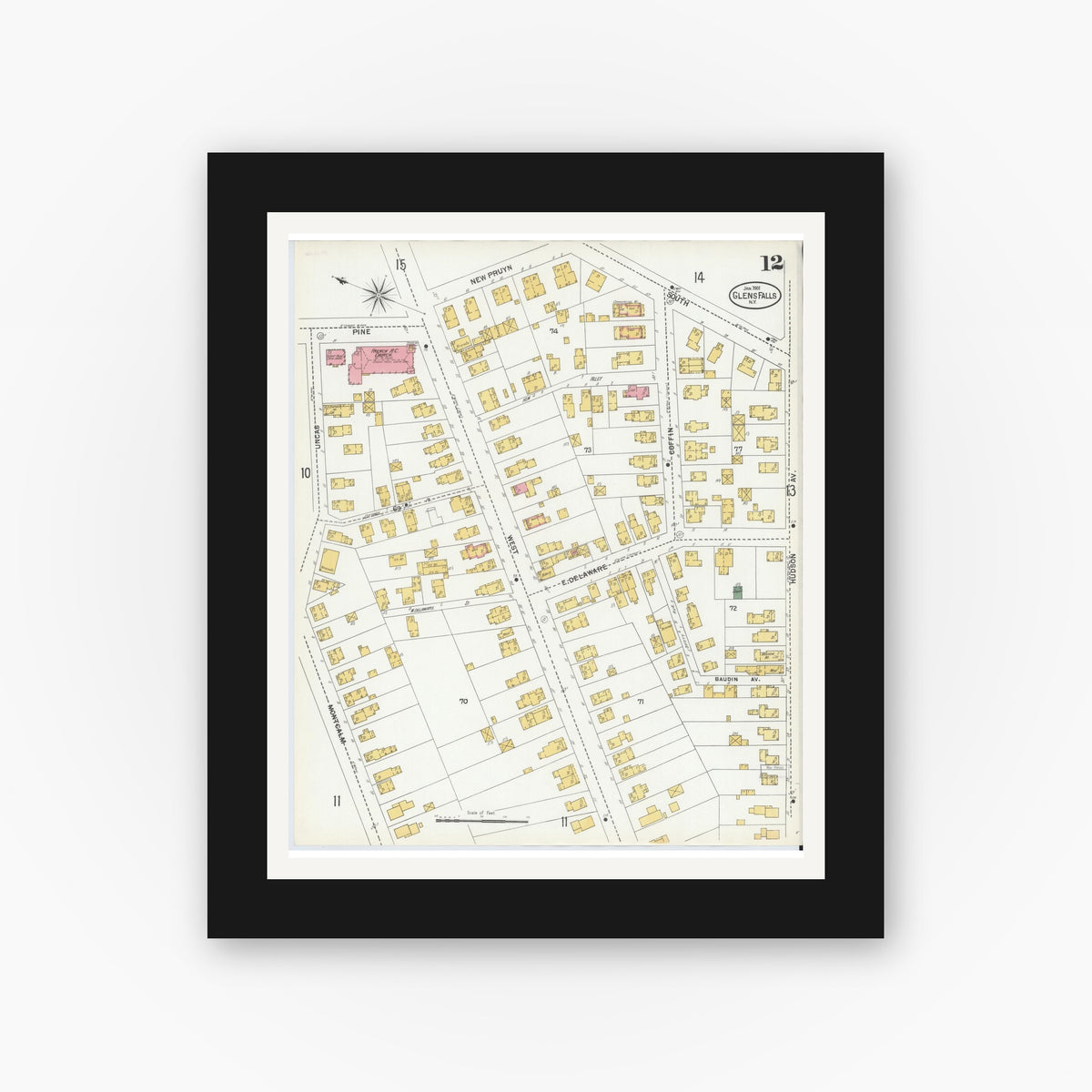 Old map wall art mockup — black gallery frame with white mat — Sanborn Fire Insurance Map from Glens Falls, Warren County, New York (1901), Sheet #0012