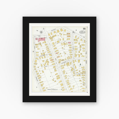 Old map wall art mockup — black gallery frame with white mat — Sanborn Fire Insurance Map from Glens Falls, Warren County, New York (1901), Sheet #0012