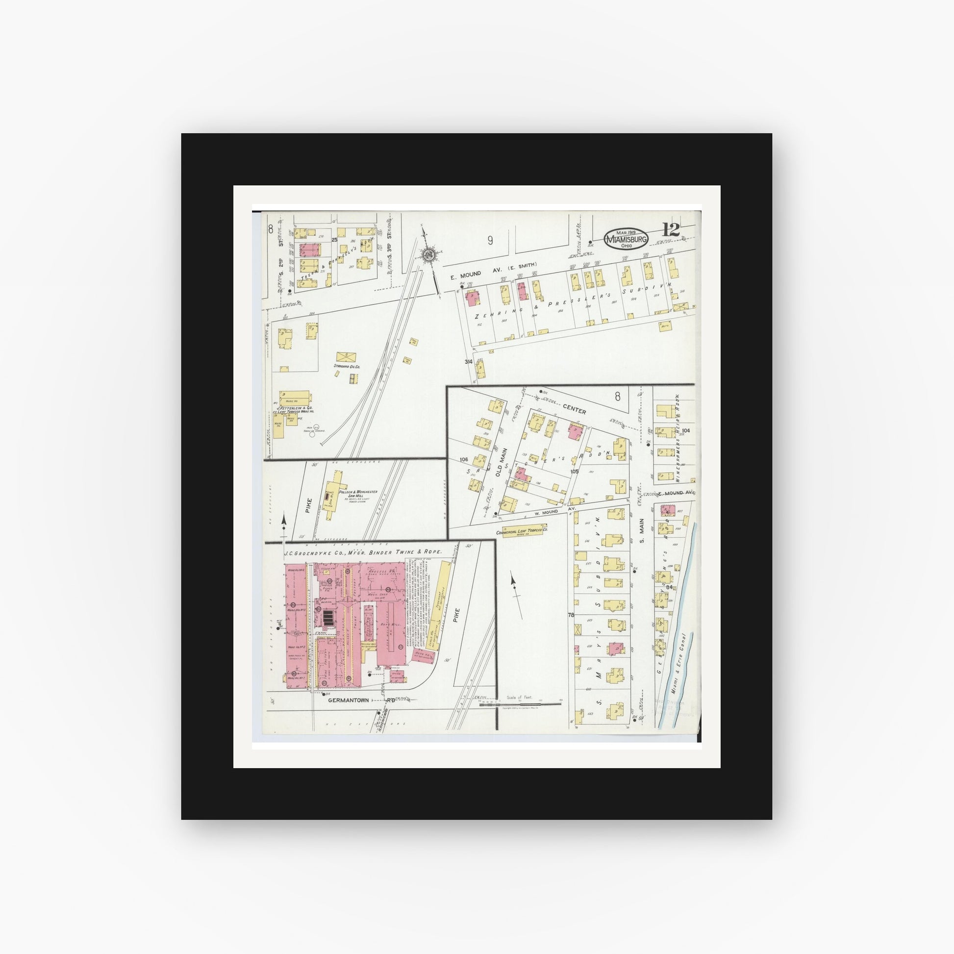 Old map wall art mockup — black gallery frame with white mat — Sanborn Fire Insurance Map from Miamisburg, Montgomery County, Ohio (1919), Sheet #0012