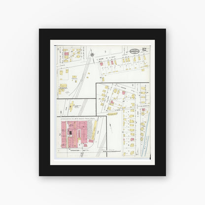 Old map wall art mockup — black gallery frame with white mat — Sanborn Fire Insurance Map from Miamisburg, Montgomery County, Ohio (1919), Sheet #0012