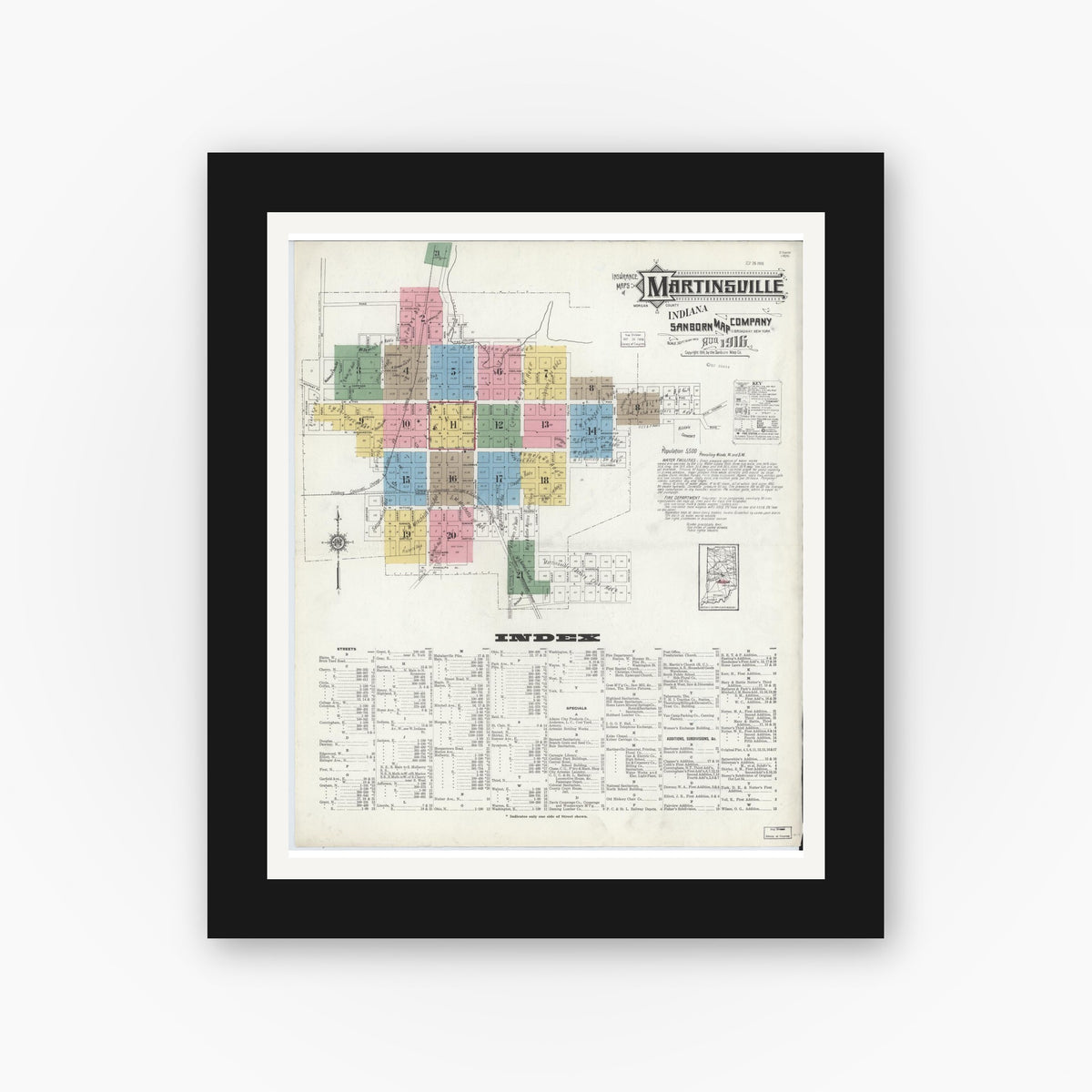 Old map wall art mockup — black gallery frame with white mat — Sanborn Fire Insurance Map from Martinsville, Morgan County, Indiana (1916), Sheet #0001