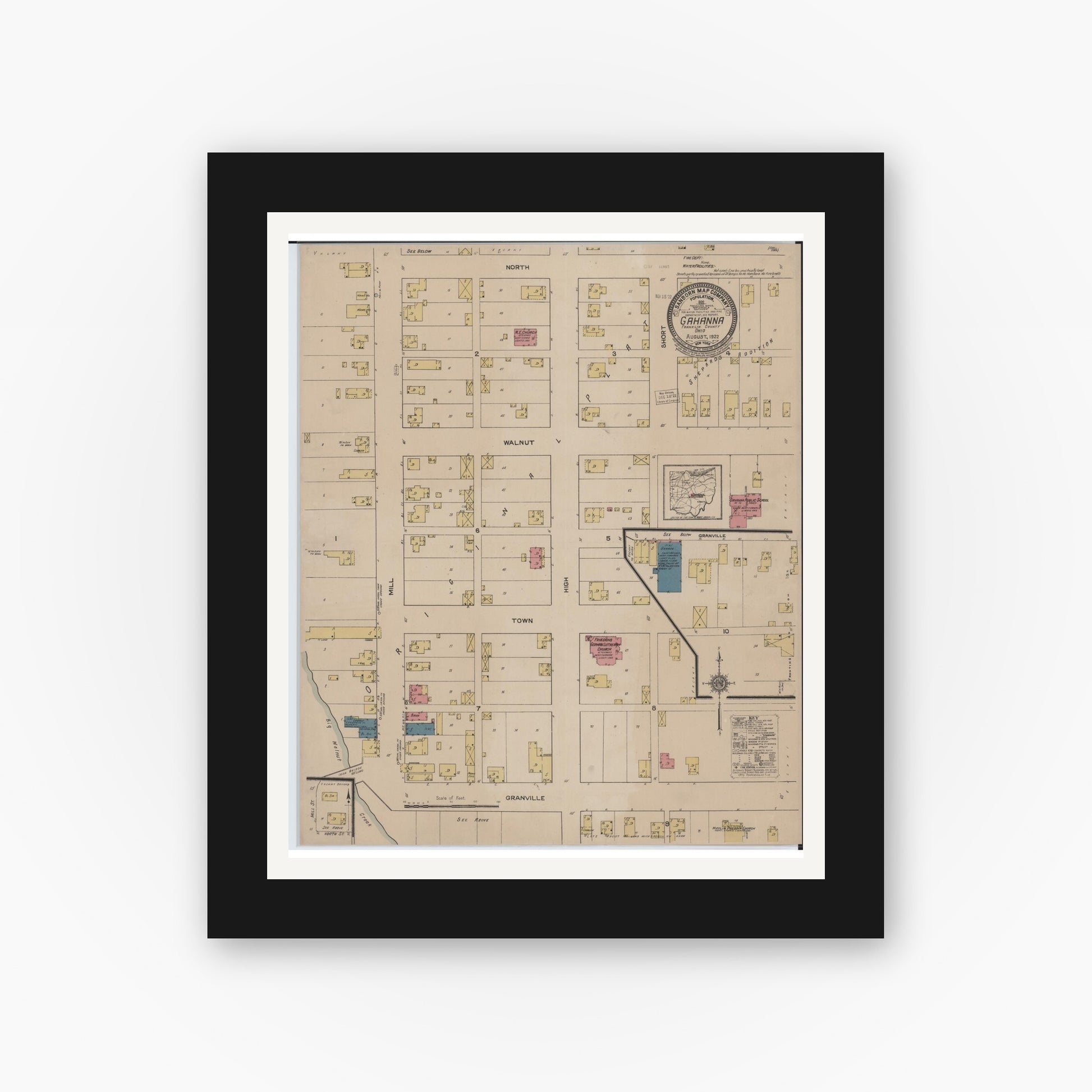Old map wall art mockup — black gallery frame with white mat — Sanborn Fire Insurance Map from Gahanna, Franklin County, Ohio (1922), Sheet #0001