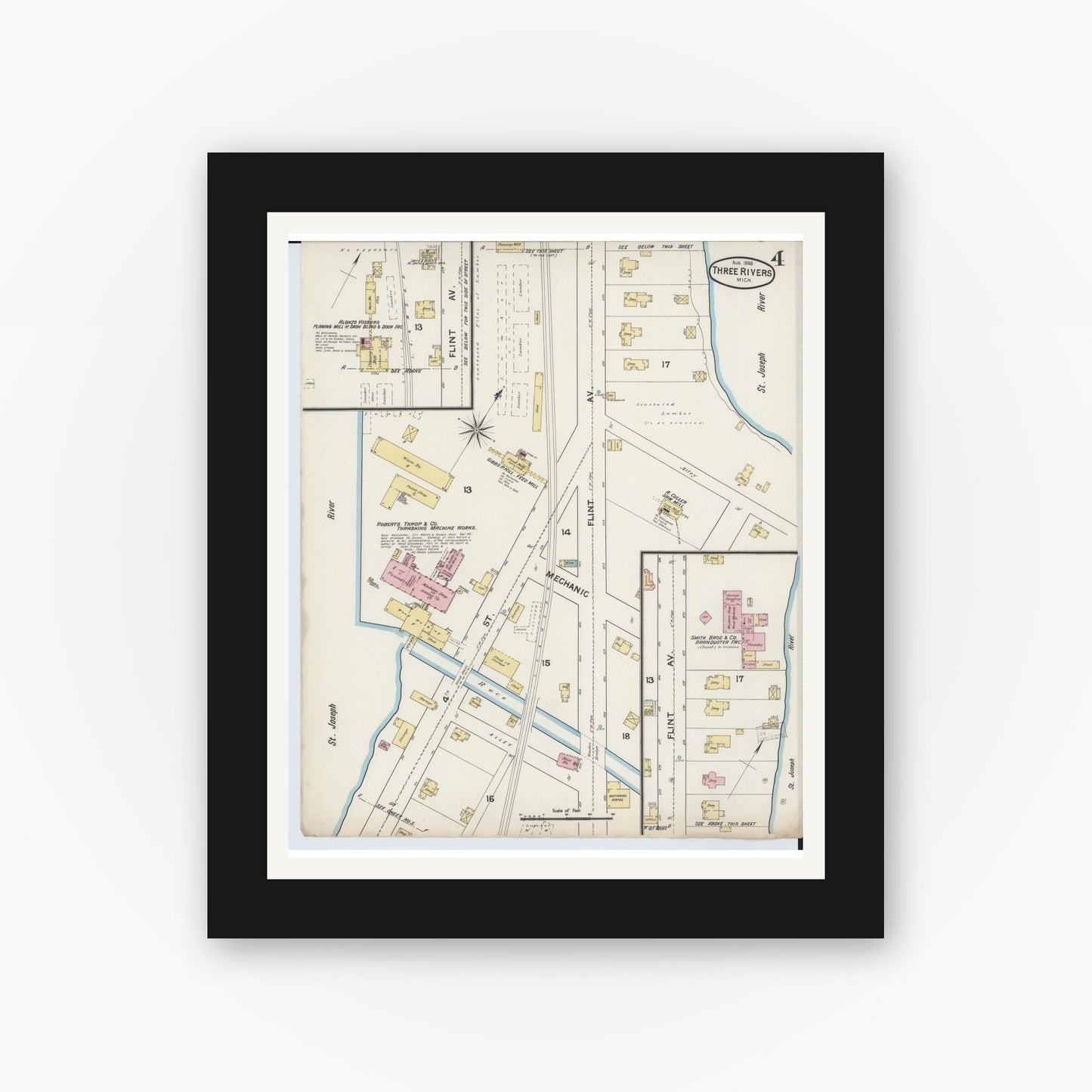 Old map wall art mockup — black gallery frame with white mat — Sanborn Fire Insurance Map from Three Rivers, Saint Joseph County, Michigan (1888), Sheet #0004