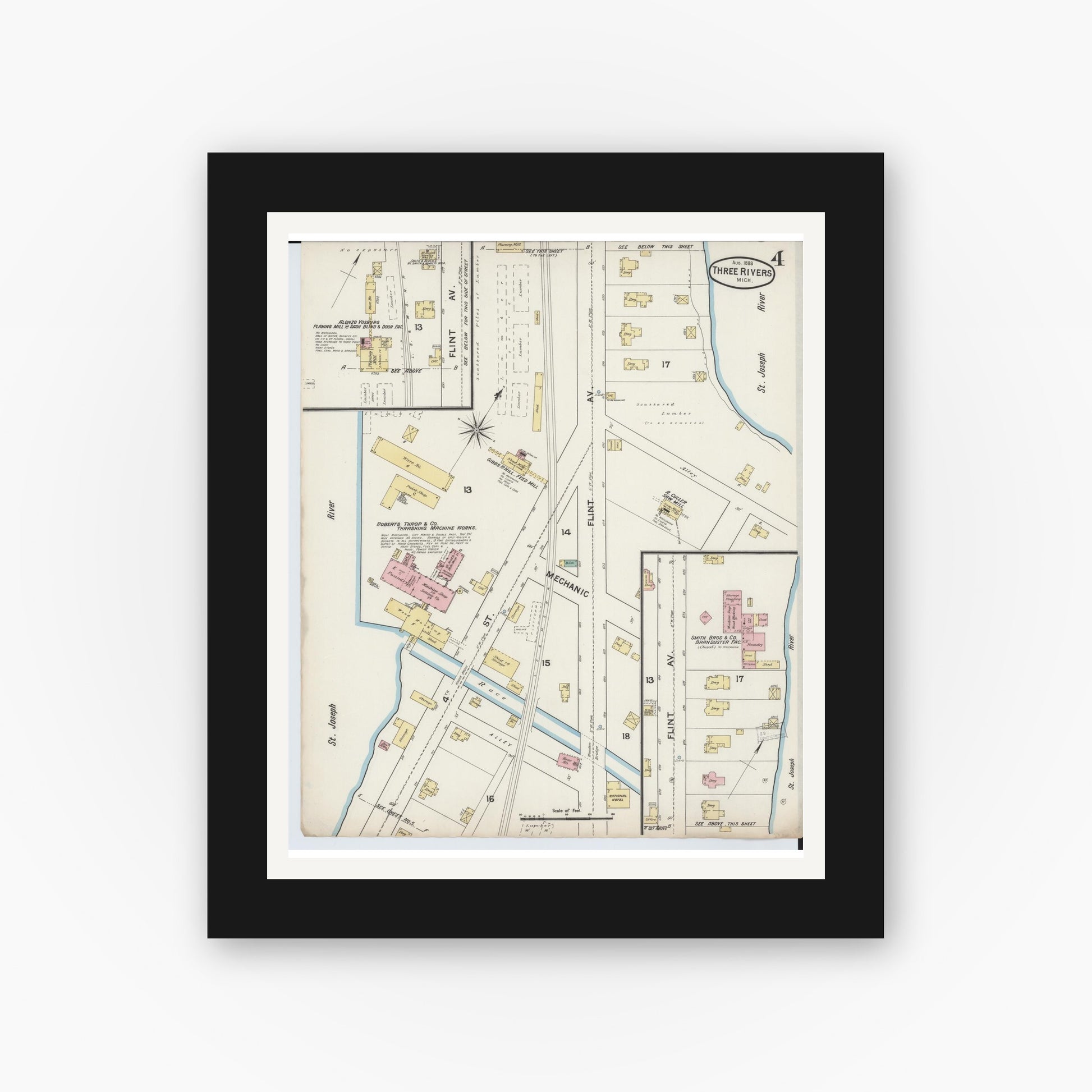 Old map wall art mockup — black gallery frame with white mat — Sanborn Fire Insurance Map from Three Rivers, Saint Joseph County, Michigan (1888), Sheet #0004