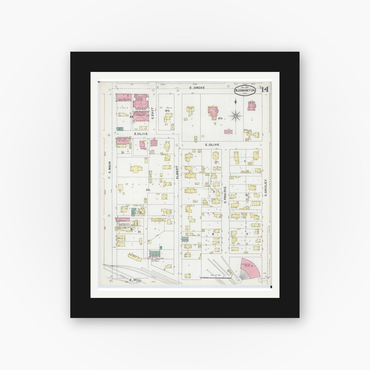 Old map wall art mockup — black gallery frame with white mat — Sanborn Fire Insurance Map from Bloomington, McLean County, Illinois (1892), Sheet #0014