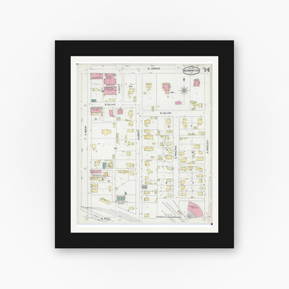 Old map wall art mockup — black gallery frame with white mat — Sanborn Fire Insurance Map from Bloomington, McLean County, Illinois (1892), Sheet #0014