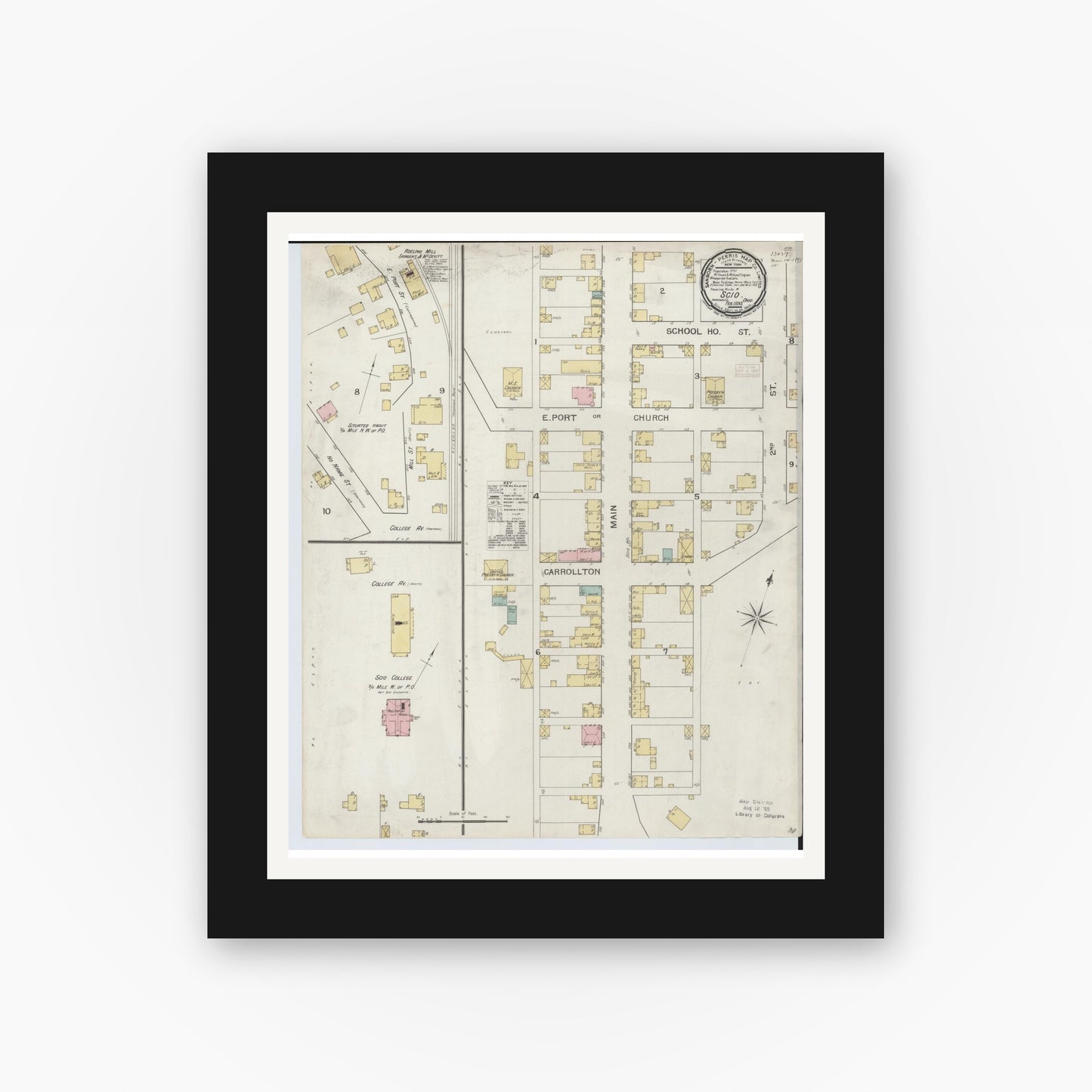 Old map wall art mockup — black gallery frame with white mat — Sanborn Fire Insurance Map from Scio, Harrison County, Ohio (1893), Sheet #0001