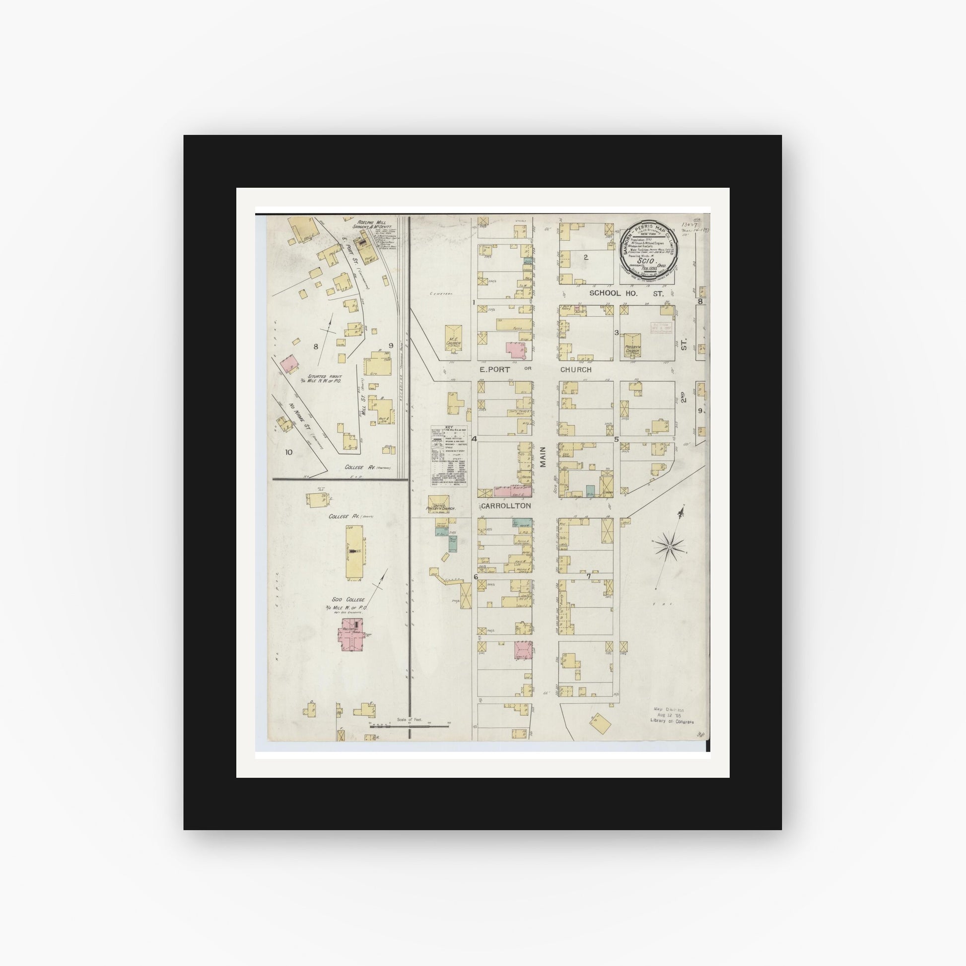 Old map wall art mockup — black gallery frame with white mat — Sanborn Fire Insurance Map from Scio, Harrison County, Ohio (1893), Sheet #0001