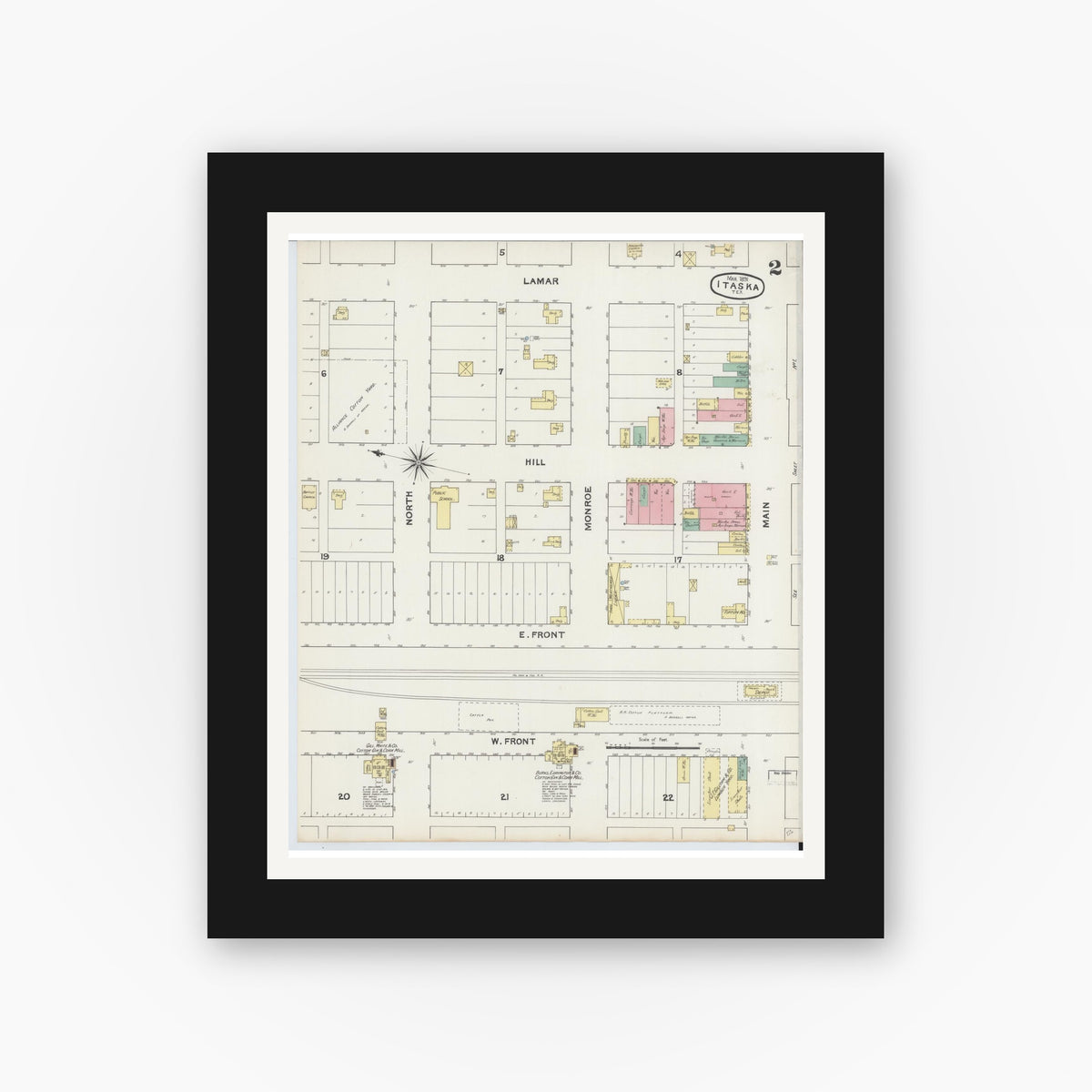 Old map wall art mockup — black gallery frame with white mat — Sanborn Fire Insurance Map from Itasca, Hill County, Texas (1891), Sheet #0002