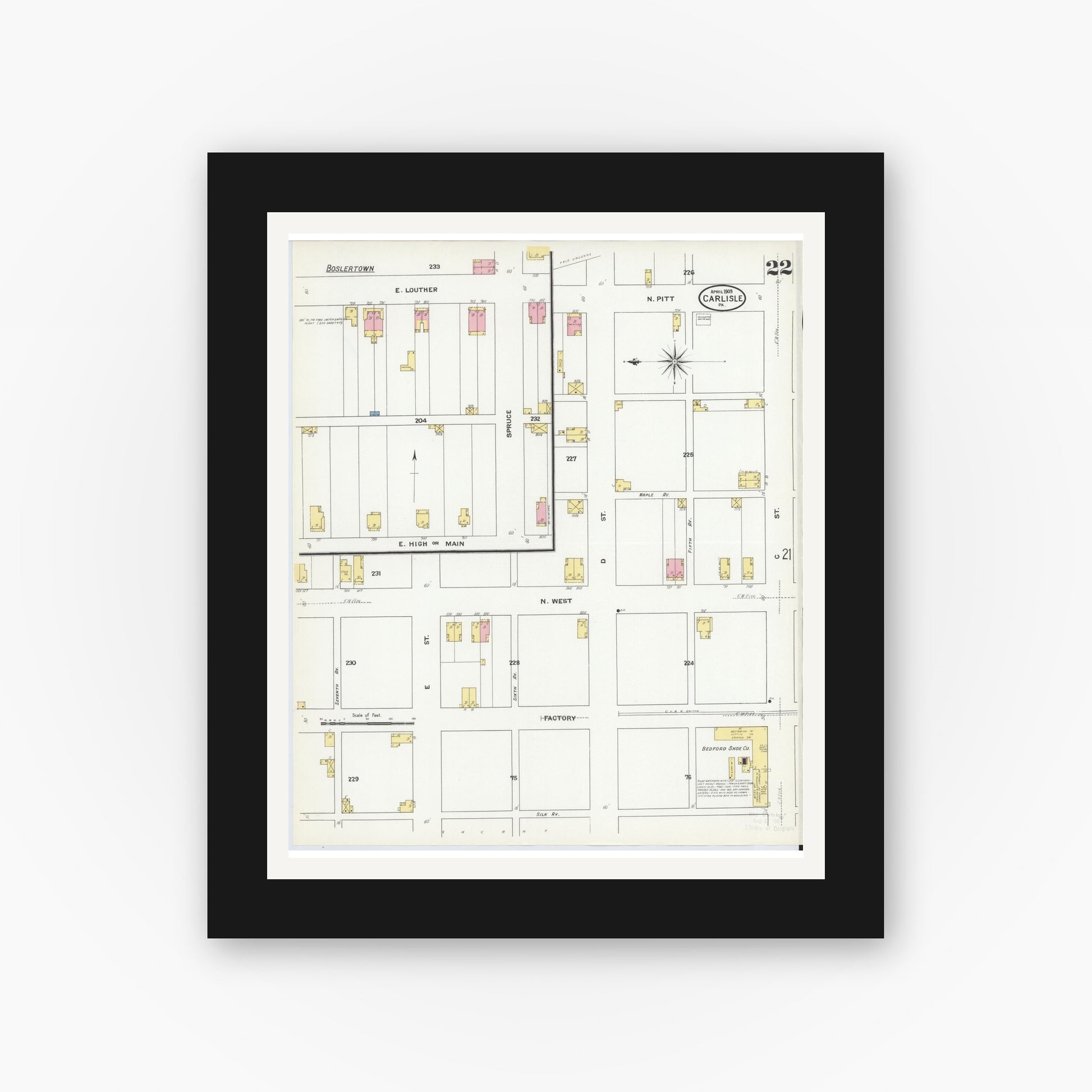 Old map wall art mockup — black gallery frame with white mat — Sanborn Fire Insurance Map from Carlisle, Cumberland County, Pennsylvania (1909), Sheet #0022
