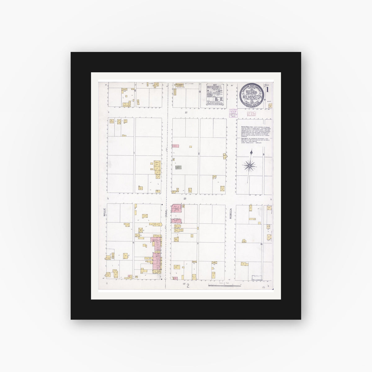 Old map wall art mockup — black gallery frame with white mat — Sanborn Fire Insurance Map from Wilmington, Los Angeles County, California (1907) - Complete Map Set