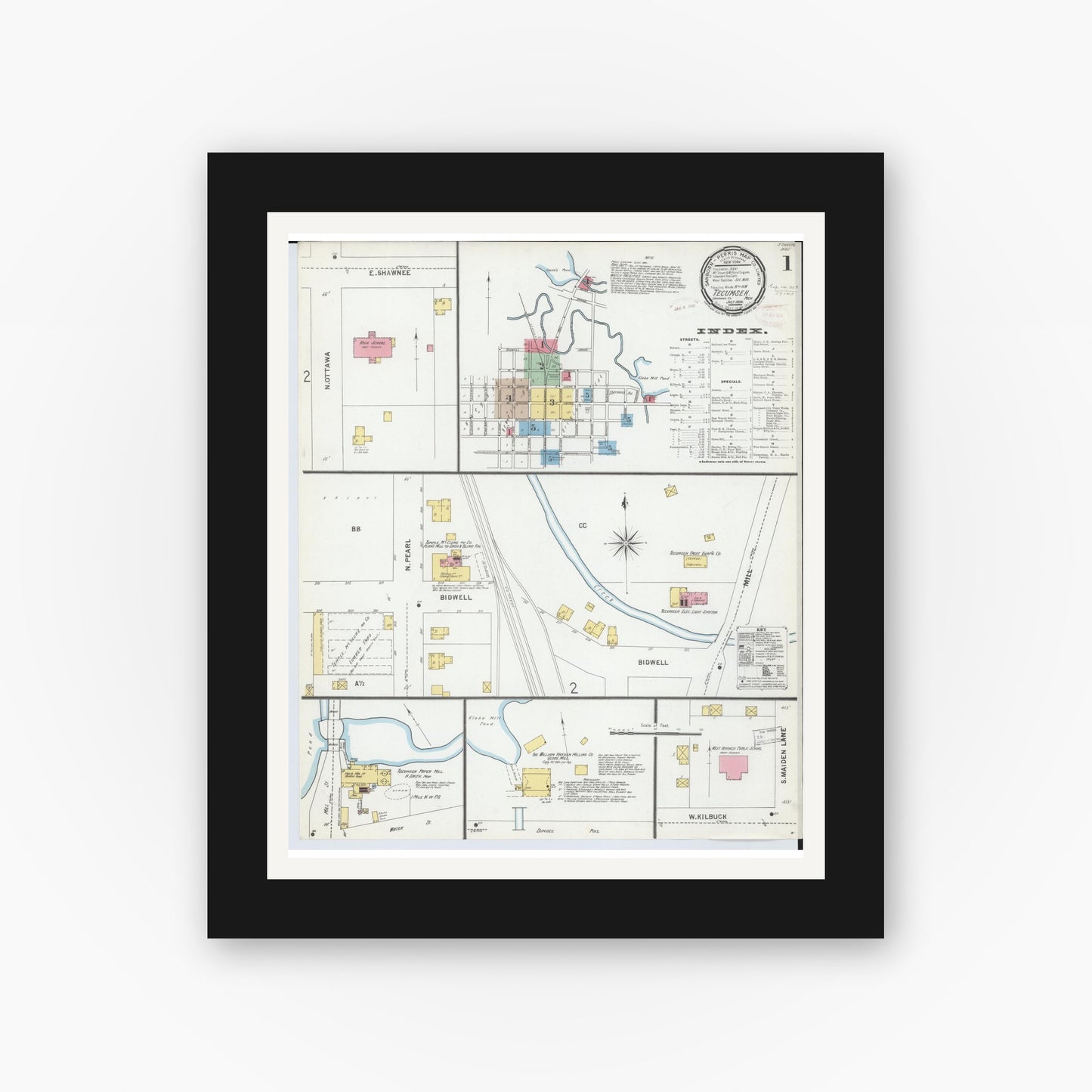 Old map wall art mockup — black gallery frame with white mat — Sanborn Fire Insurance Map from Tecumseh, Lenawee County, Michigan (1899), Sheet #0001