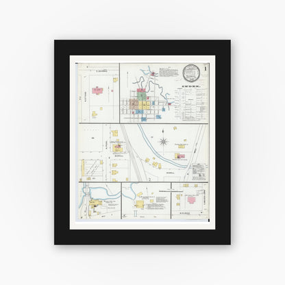 Old map wall art mockup — black gallery frame with white mat — Sanborn Fire Insurance Map from Tecumseh, Lenawee County, Michigan (1899), Sheet #0001