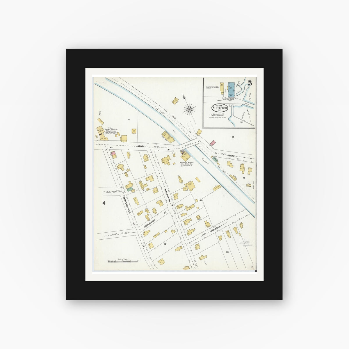 Old map wall art mockup — black gallery frame with white mat — Sanborn Fire Insurance Map from Pittsford, Monroe County, New York (1905), Sheet #0005