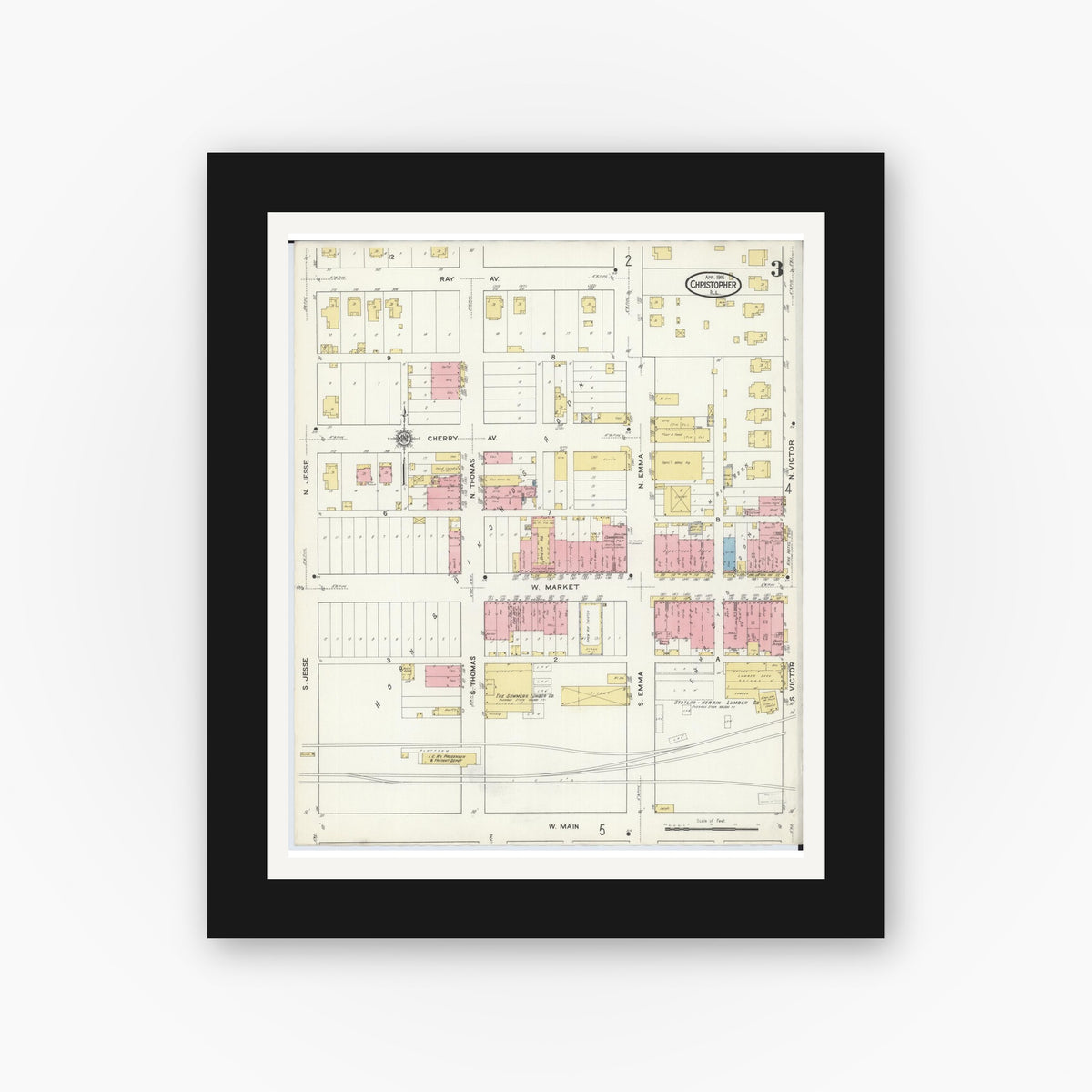 Old map wall art mockup — black gallery frame with white mat — Sanborn Fire Insurance Map from Christopher, Franklin County, Illinois (1916), Sheet #0003