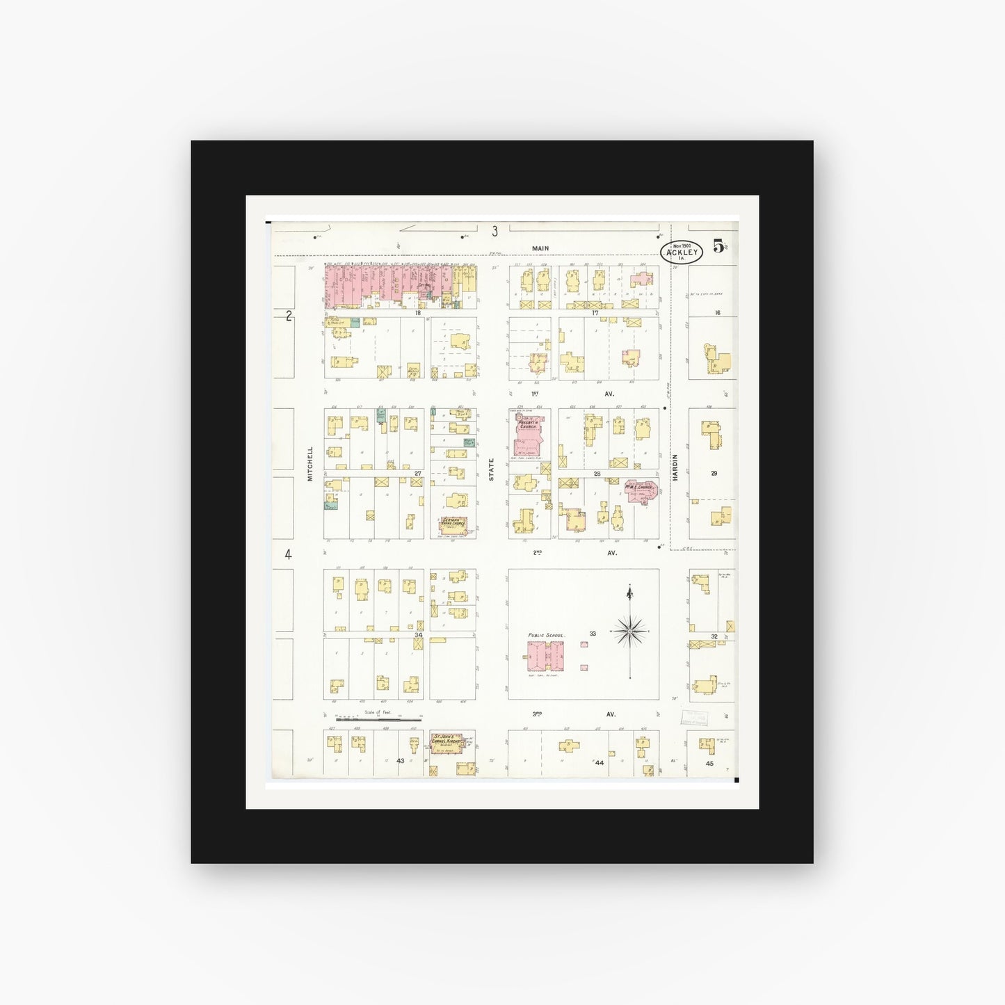 Old map wall art mockup — black gallery frame with white mat — Sanborn Fire Insurance Map from Ackley, Hardin and Franklin Counties, Iowa (1900), Sheet #0005