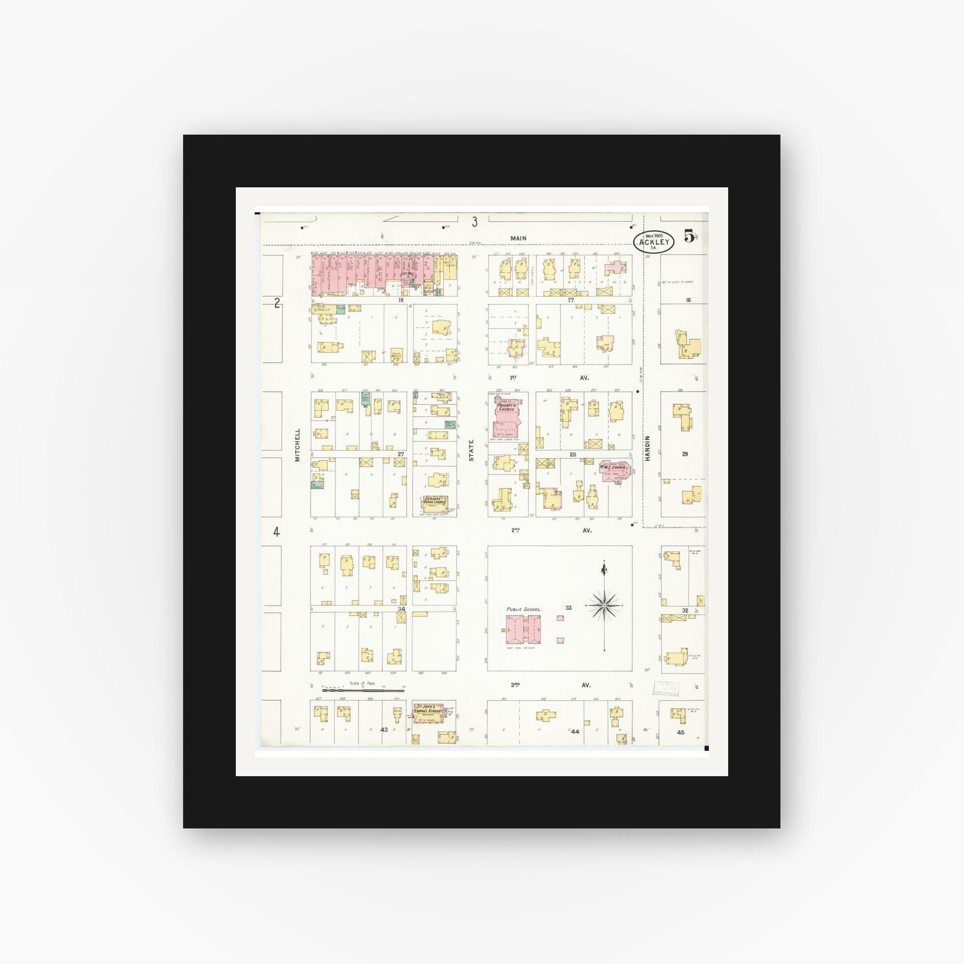 Old map wall art mockup — black gallery frame with white mat — Sanborn Fire Insurance Map from Ackley, Hardin and Franklin Counties, Iowa (1900), Sheet #0005