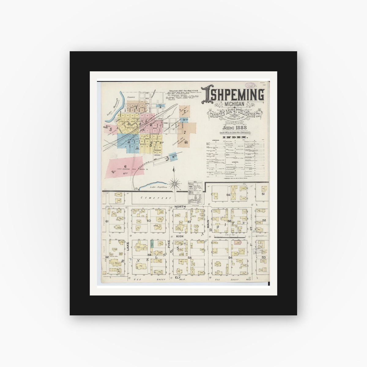 Old map wall art mockup — black gallery frame with white mat — Sanborn Fire Insurance Map from Ishpeming, Marquette County, Michigan (1888), Sheet #0001