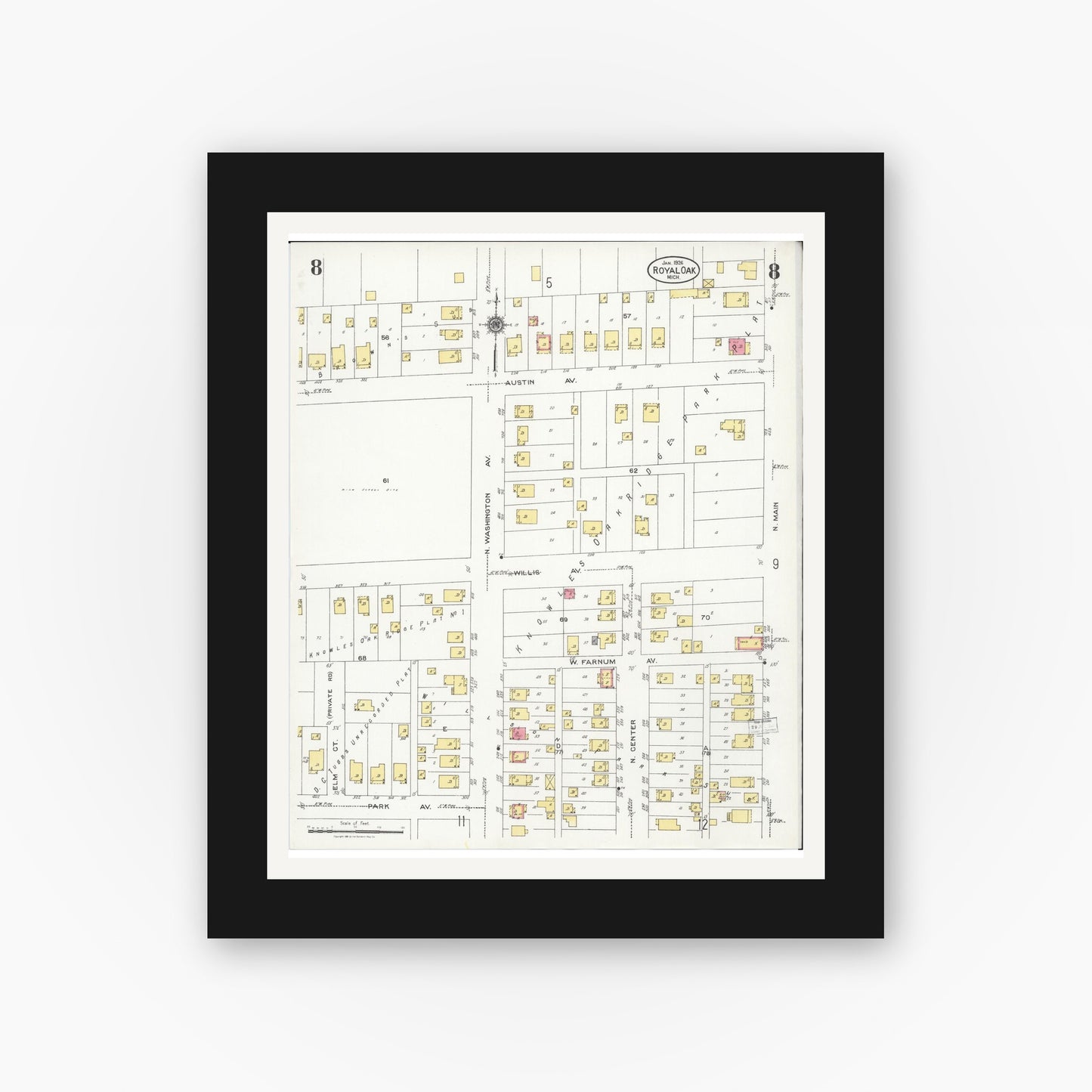 Old map wall art mockup — black gallery frame with white mat — Sanborn Fire Insurance Map from Royal Oak, Oakland County, Michigan (1926), Sheet #0008