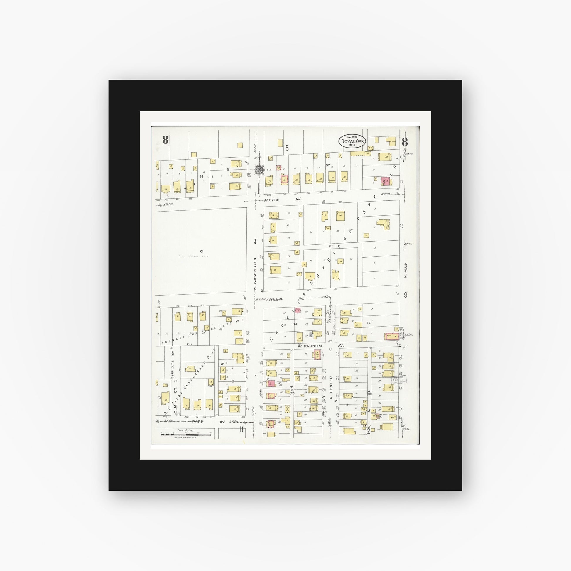 Old map wall art mockup — black gallery frame with white mat — Sanborn Fire Insurance Map from Royal Oak, Oakland County, Michigan (1926), Sheet #0008