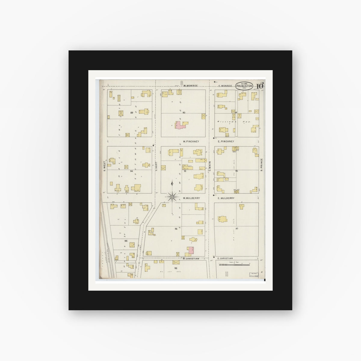 Old map wall art mockup — black gallery frame with white mat — Sanborn Fire Insurance Map from Princeton, Gibson County, Indiana (1895), Sheet #0010
