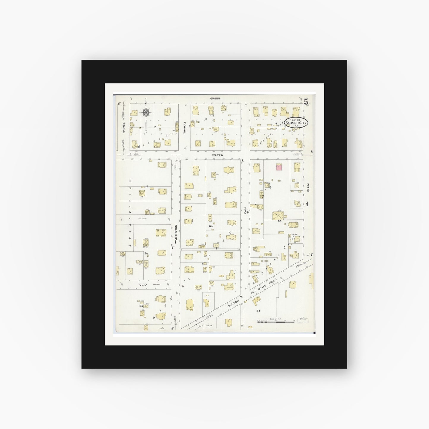 Old map wall art mockup — black gallery frame with white mat — Sanborn Fire Insurance Map from Farmer City, De Witt County, Illinois (1911), Sheet #0005