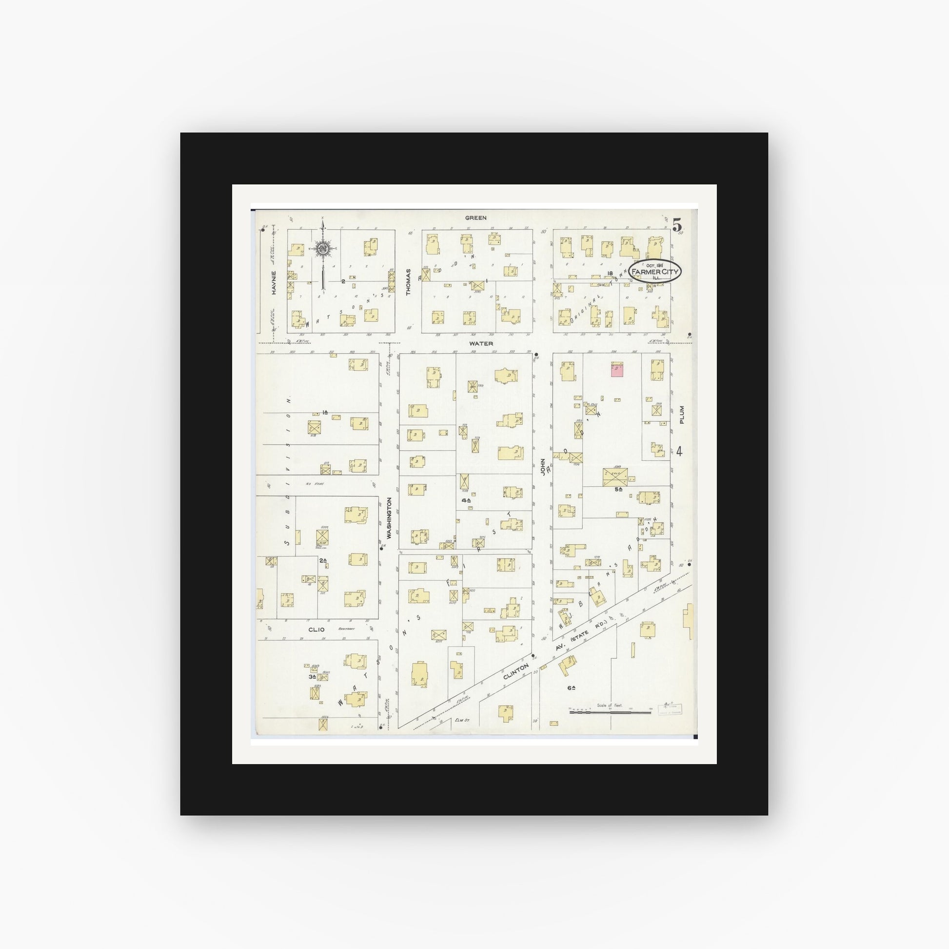 Old map wall art mockup — black gallery frame with white mat — Sanborn Fire Insurance Map from Farmer City, De Witt County, Illinois (1911), Sheet #0005