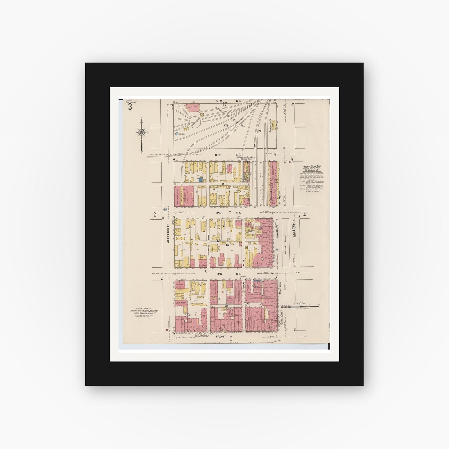 Old map wall art mockup — black gallery frame with white mat — Sanborn Fire Insurance Map from Portsmouth, Scioto County, Ohio (1921), Sheet #0003