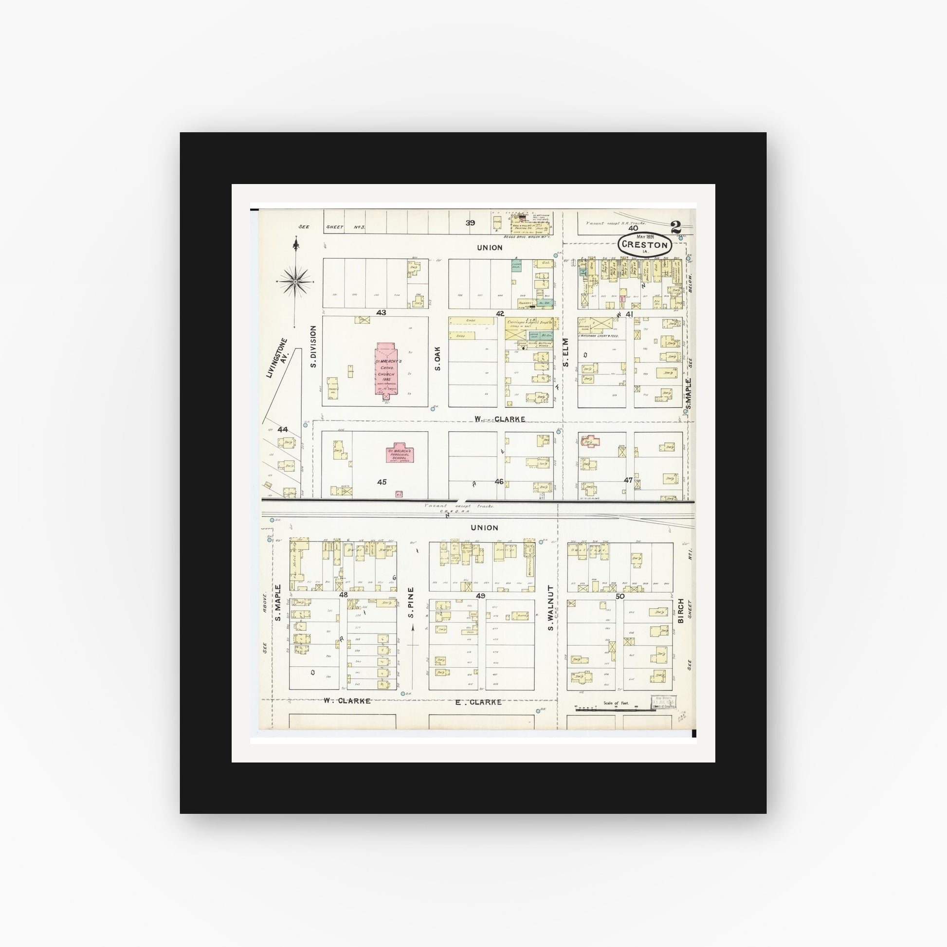 Old map wall art mockup — black gallery frame with white mat — Sanborn Fire Insurance Map from Creston, Union County, Iowa (1891), Sheet #0002