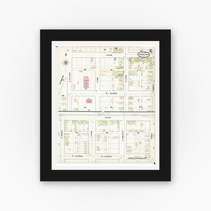 Old map wall art mockup — black gallery frame with white mat — Sanborn Fire Insurance Map from Creston, Union County, Iowa (1891), Sheet #0002