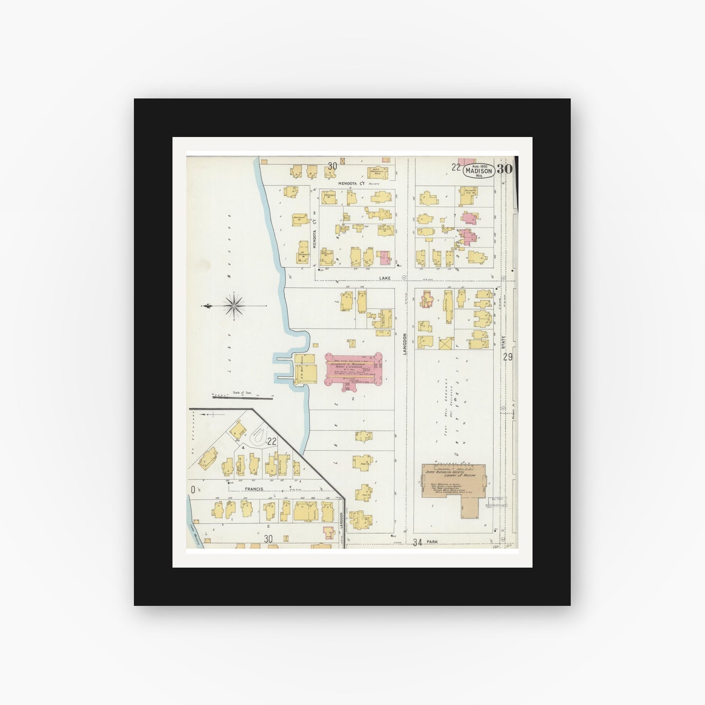 Old map wall art mockup — black gallery frame with white mat — Sanborn Fire Insurance Map from Madison, Dane County, Wisconsin (1902), Sheet #0030