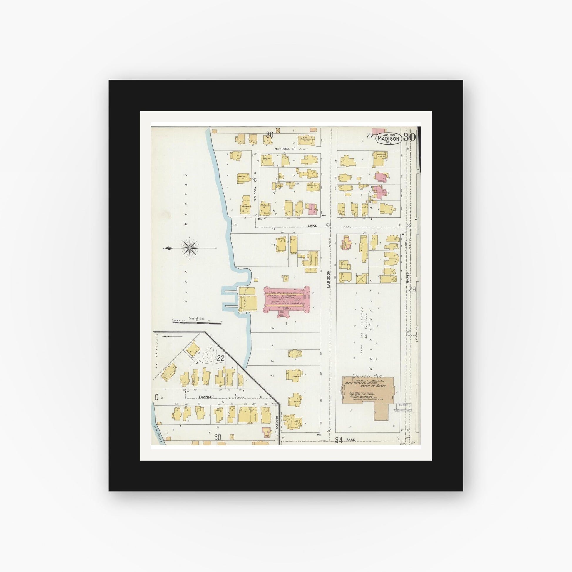 Old map wall art mockup — black gallery frame with white mat — Sanborn Fire Insurance Map from Madison, Dane County, Wisconsin (1902), Sheet #0030